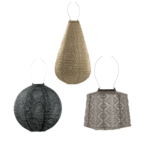 LUMIZ | Solar-Lampion 3er Set | Modelle Drop, Lampenschirm & Rund | Gold, Taupe & Grau