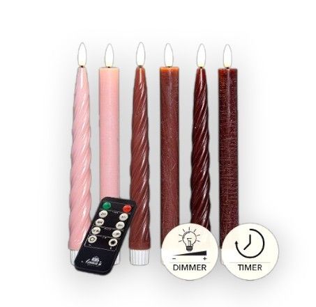 Rustikale LED-Dinnerkerzen Set | Bewegende Flamme | Batterie | Rosa & Bordeaux |Anna's Collection