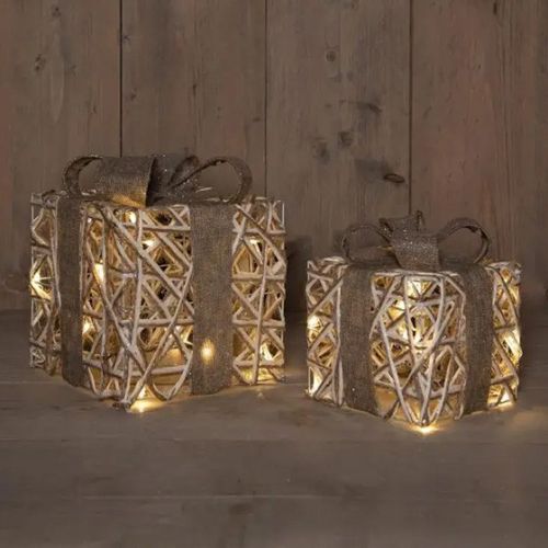 Boîtes cadeaux en jute | 15 LED | Blanc chaud | Fonctionne sur piles avec minuterie | Lot de 2 | Collection Anna