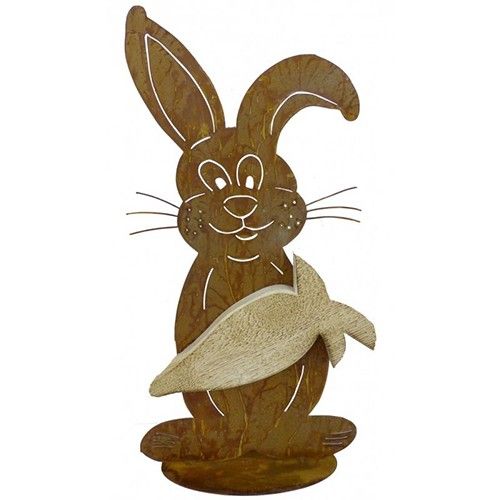 Badeko | Statue de jardin lapin avec carotte | Aspect acier Corten | 60 x 30 cm
