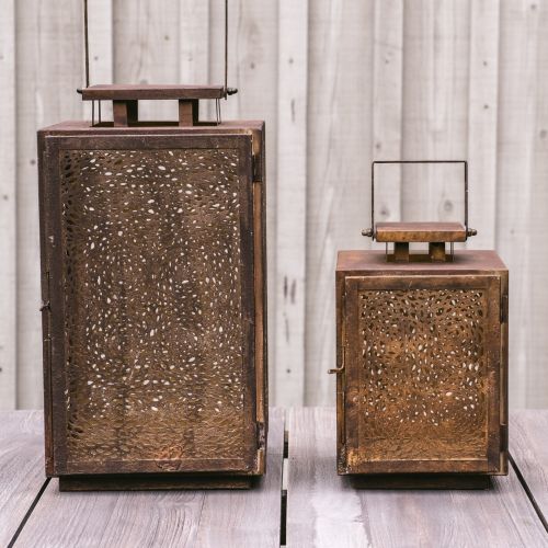 Lot de 2 lanternes style rouillé | Marron | Métal | 20 x 20 x 38 cm et 16 x 16 x 25 cm
