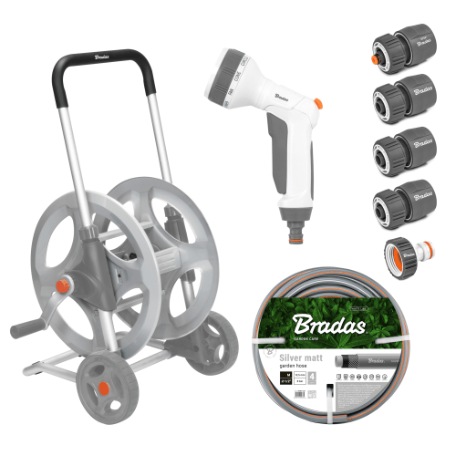 Enrouleur de tuyau d'arrosage Bradas White Line en métal – Tuyau d'arrosage 13 mm (1/2") et accessoires – Ensemble Pro Argent | 20 m