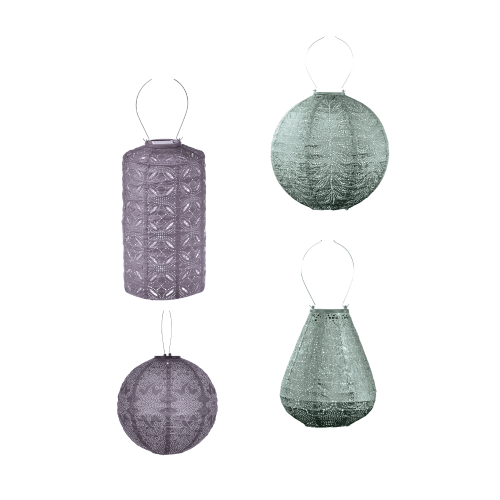 LUMIZ | Solar-Lampion 4er Set | Modelle Rund, Tulpe, Rund & Zylinder | Grün & Mauve Lila