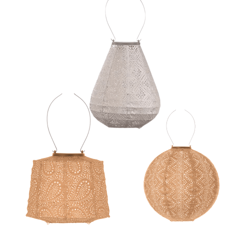 LUMIZ | Solar-Lampion 3er Set | Modelle Tulpe, Lampenschirm & Rund | Helltaupe & Apricot