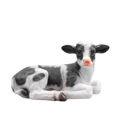 Sculpture de jardin représentant un veau couché | L | noir et blanc | 46,5 x 28,5 x 27 cm