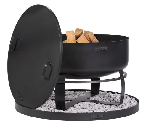 SET: Feuerschale XXL „VIKING“ 80 cm mit Randdeckel 81,5 cm und runder dekorativer Steinbasis 100 cm