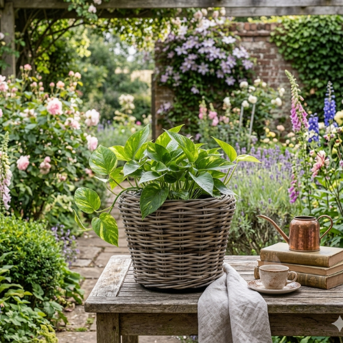 Van der Leeden Drypot Rattan Grau groß auf Terrasse